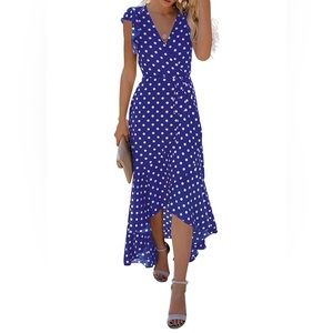 GRECERELLE Polka Dot V-Neck Summer High Low Maxi Dress